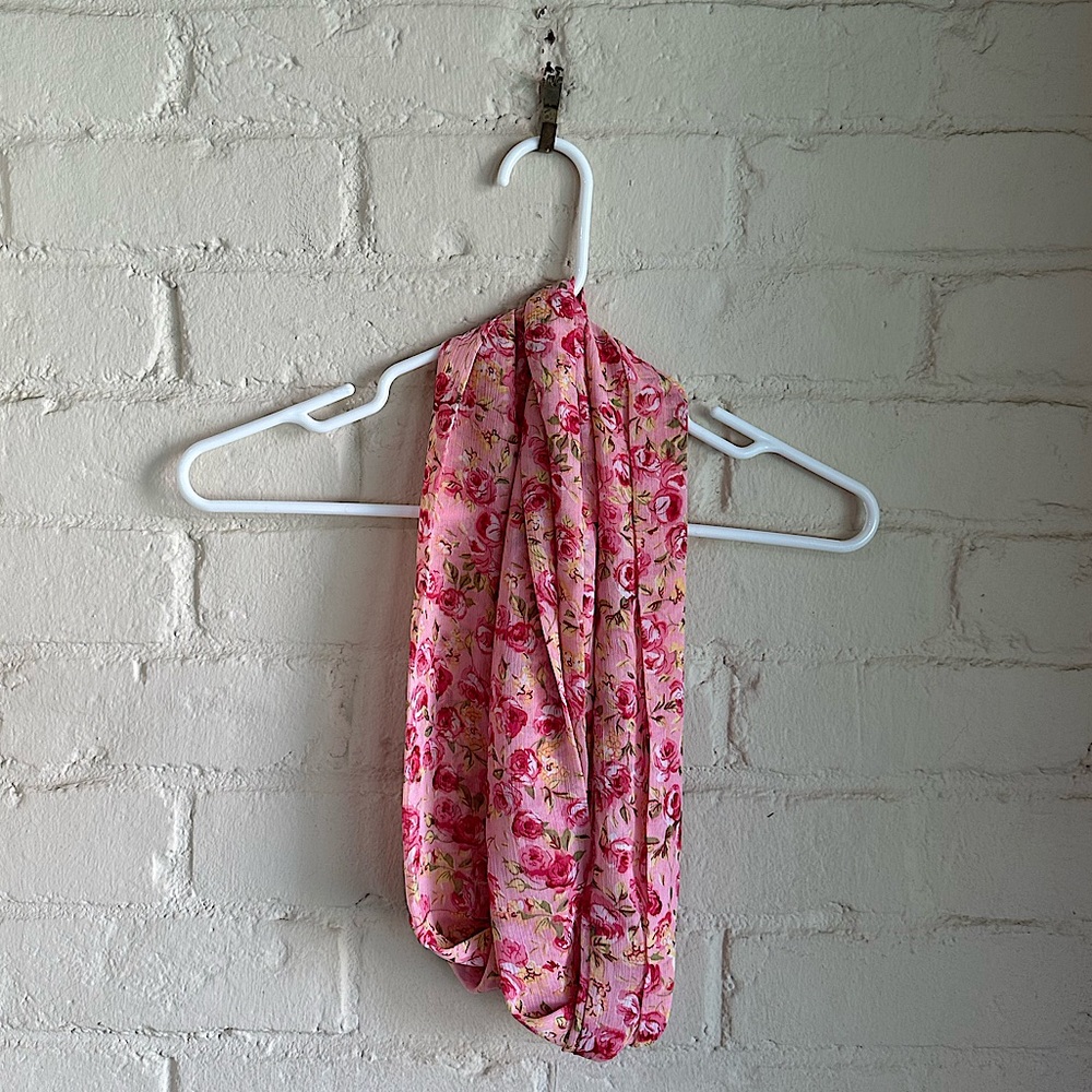 Charming Charlie pink floral boho girly light weight infinity scarf